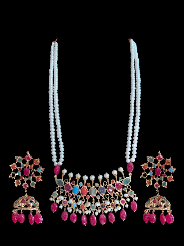 Customizable Gold Necklace-PS510 Navratan Tirmani Necklace with Oversized Jhumka Earrings – Gold-Plated Jewelry with Freshwater Pearls and Real Ruby Beads  ( READY TO SHIP )