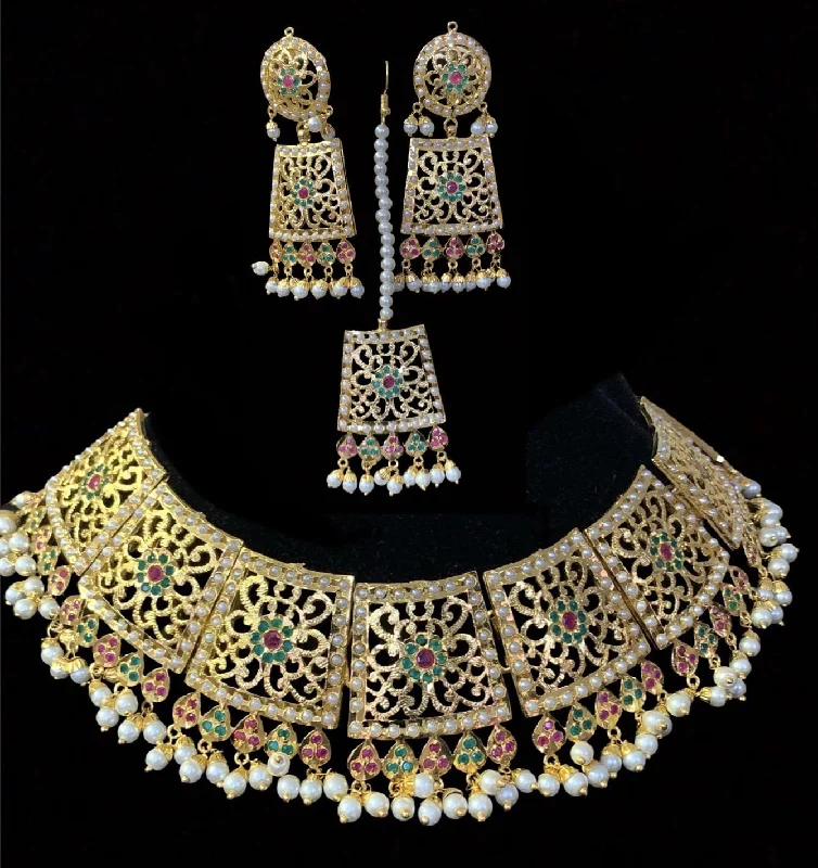 Gold Necklace for Everyday Wear-Safira necklace set with tika RUBY EMERALD ( READY TO SHIP)