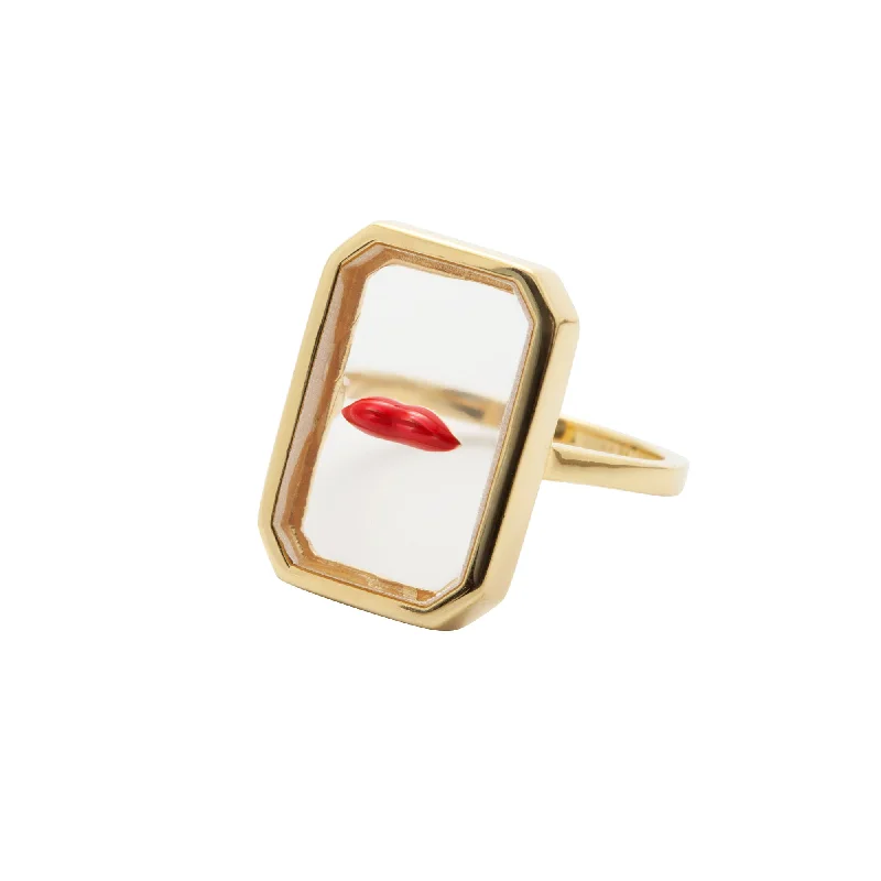 Gemstone Eternity Ring-Lips Red & Transparent Gold Plated Ring