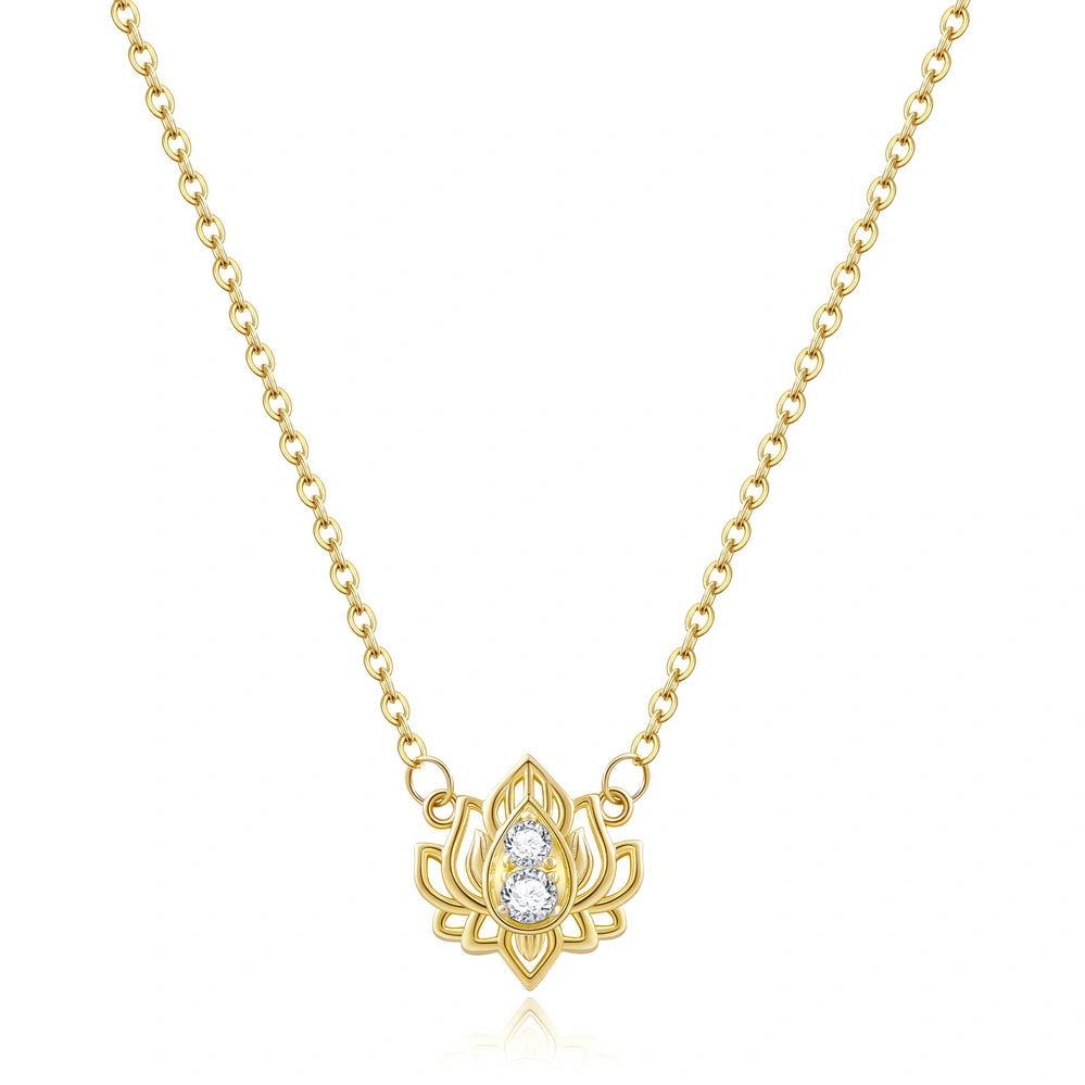 Modern Chain Necklace-14K Gold Plated Yoga Floral Pendant Necklace with Message Card- Double Diamond Lotus