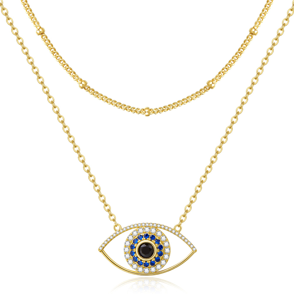 Star Pendant Necklace-Dainty 14K Gold Layered Evil Eye Religious Necklace- Devil's Eye+Satellite