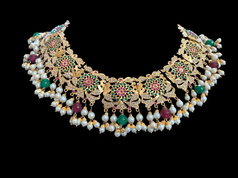 Elegant Necklace with Gemstones-NS74 Rashmika jadau necklace ( ruby emerald ) ( READY TO SHIP)