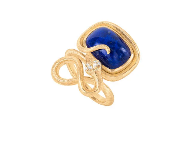 Personalized Birthstone Ring-Snakes Petite 18K Gold Ring w. Diamonds & Lapis