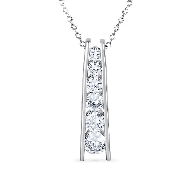 Silver Necklace with Stones-Solitaire CZ Round Graduated Pendant Necklace in Sterling Silver Journey Bar Design