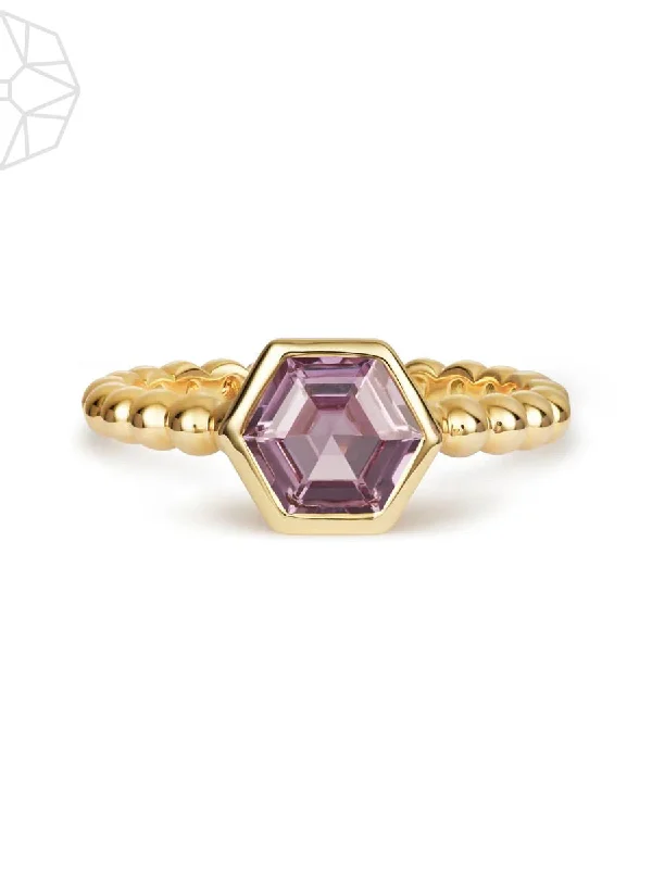 Unique Wedding Band Set-Violet Sapphire Hex 14K Gold Ring