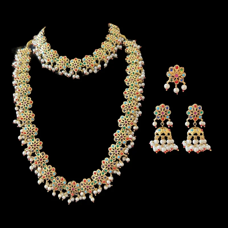 Simple Chain Necklace-DNS85 Malavika necklace set with jhumka and ring - Navratan ( SHIPS IN 2 WEEK )