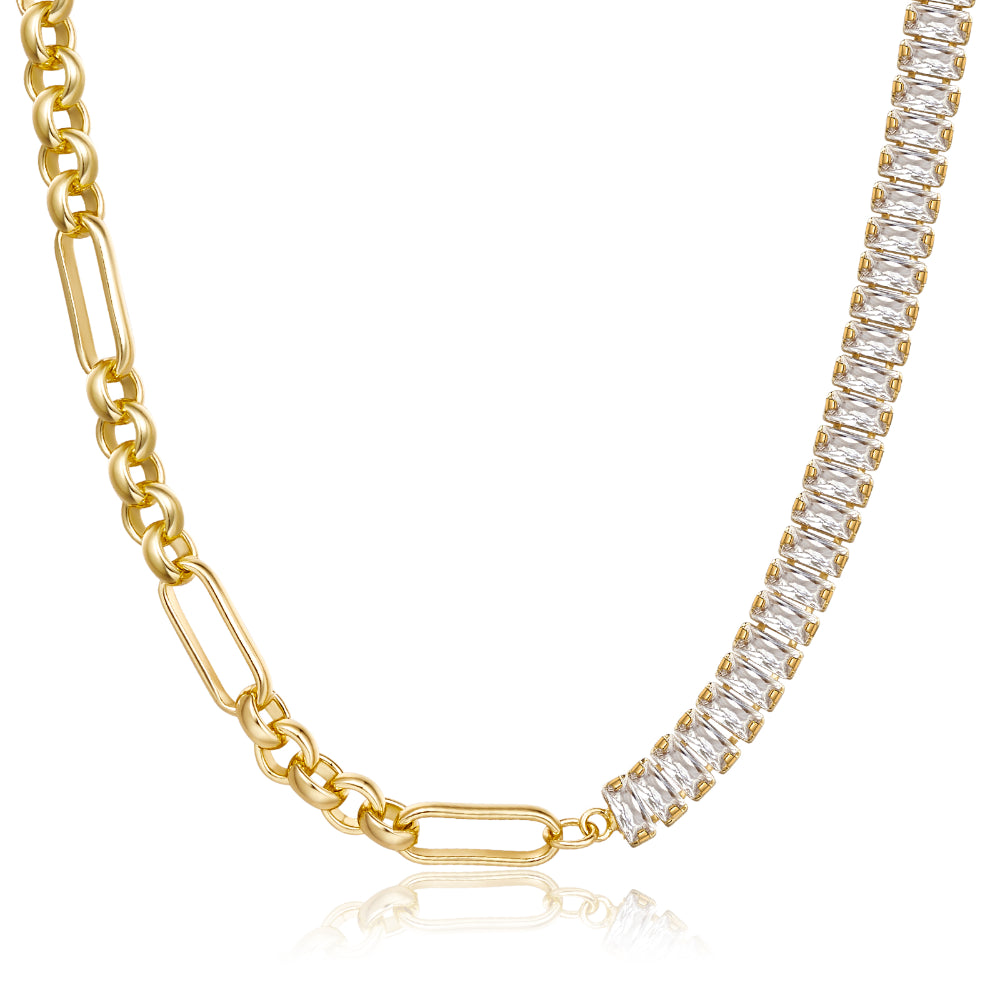 Personalized Family Necklace-14K Gold Plated Diamond Tennis Necklace CZ Tennis Chain-Paperclip & Baguette White CZ