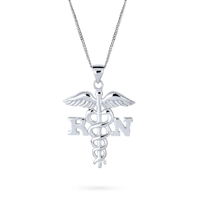 Long Silver Necklace-Angel Wings Stethoscope RN Nurse Caduceus Pendant Necklace Sterling Silver