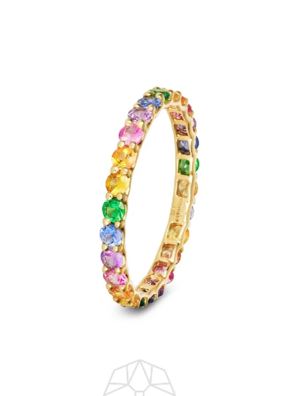 Green Emerald Ring-Rainbow Sapphire Skinny 14K Gold Ring