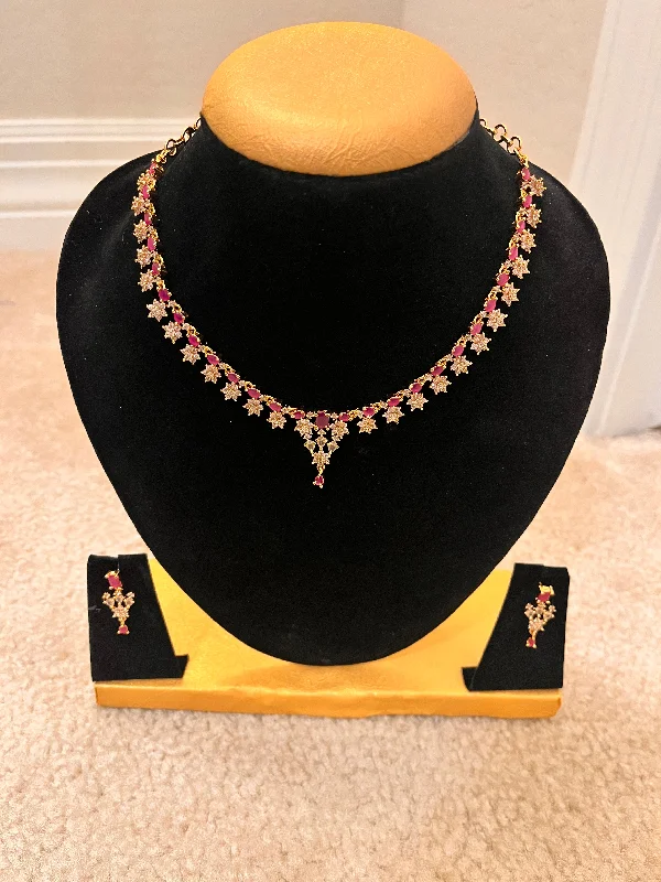 Black Diamond Necklace-Attractive Gold Plated And Pink Stoned Necklace With Earrings For Women