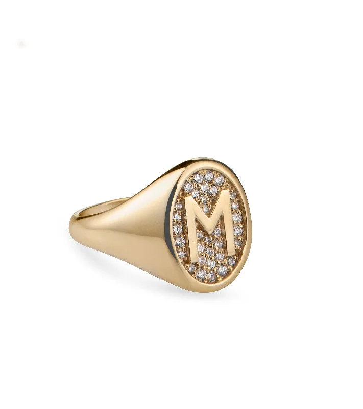 Gold Wedding Ring with Diamonds-Glimmer Initial 18K Gold Signet Ring w. Diamonds