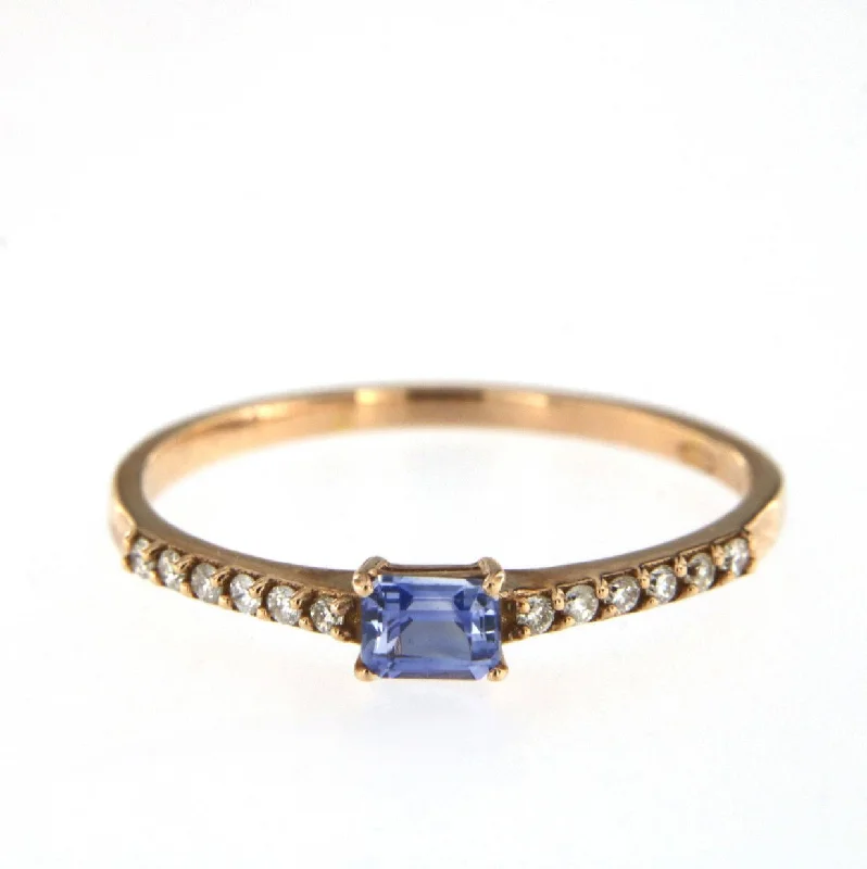 Princess Cut Sapphire Ring-Candy 18K Rose Gold Ring w. Blue Sapphire & Diamonds