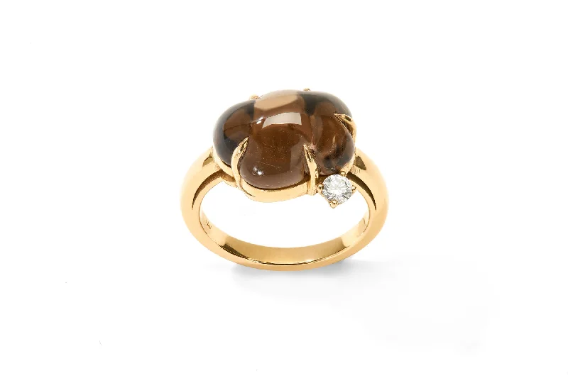 Solitaire Engagement Ring-Cloud 18K Gold Ring w. Smokey Quartz & Diamond