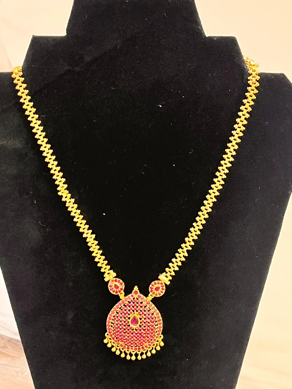 Artistic Statement Necklace-Alluring Gold Plated And Pink Stone With Long Necklace For Women