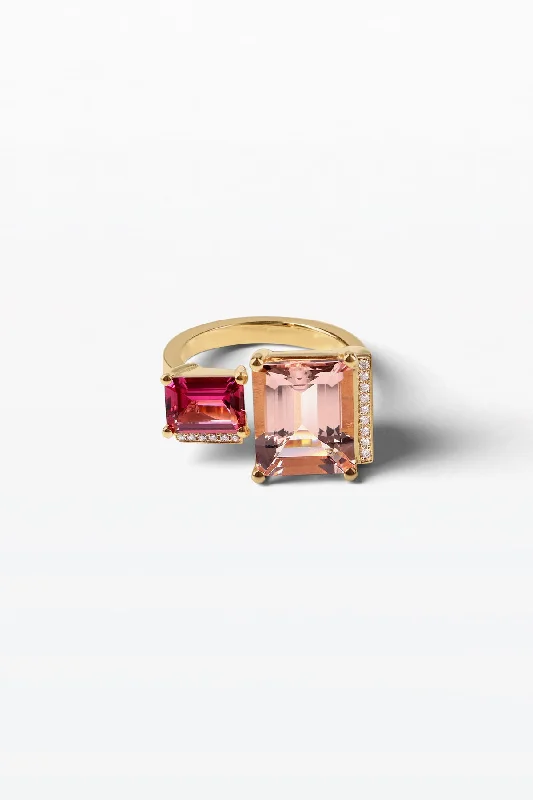 Oval Diamond Ring-Lustre Ring 14 18K Gold Ring w. Morganite, Tourmalin & Diamond