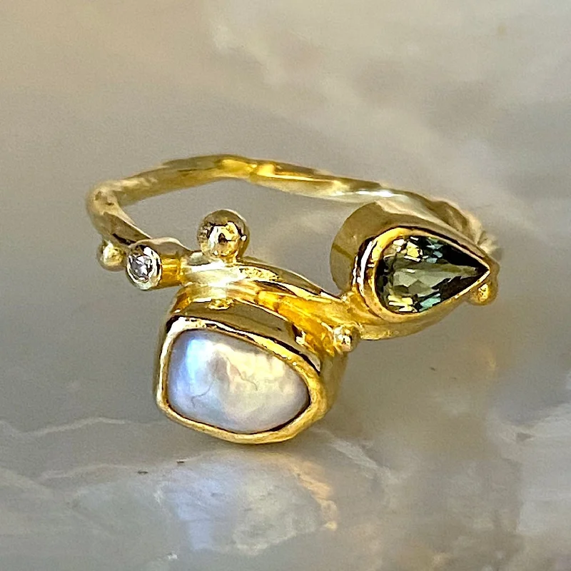 Custom Engagement Ring with Birthstone-Seafire 18K & 22K Gold Ring w. Diamonds, Sapphire & Pearl