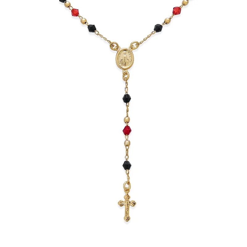 Elegant Gold Pendant Necklace-Religious Red Black Bead Rosary Necklace with Virgin Mary and Crucifix Cross