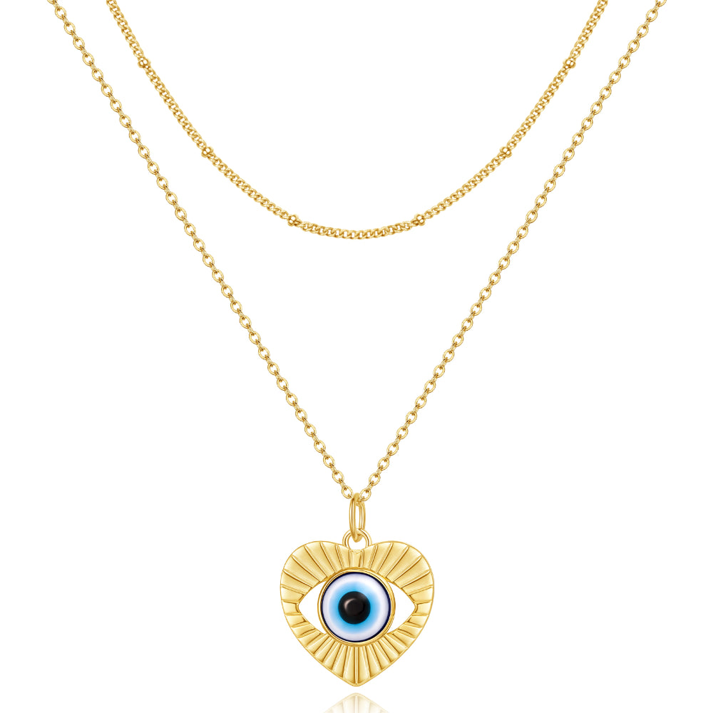 Lightweight Pendant Necklace-Dainty 14K Gold Layered Evil Eye Religious Necklace- Heart Shaped Blue Eyes+Satellite