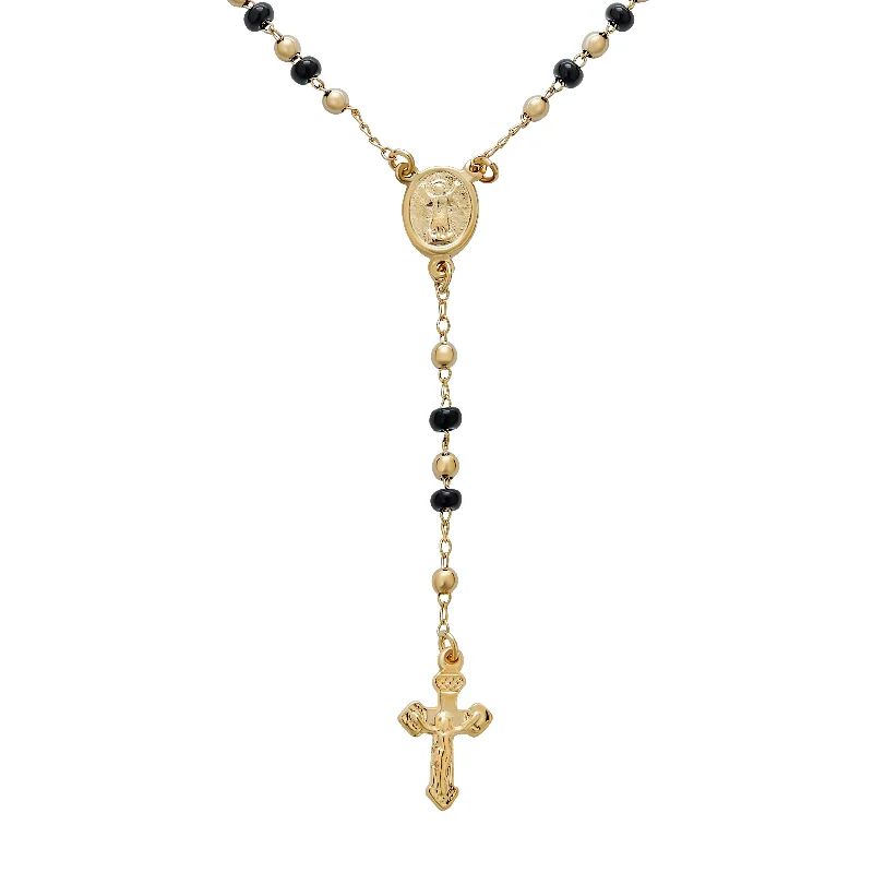 Vintage Chain Necklace-Religious Black & Gold Bead Rosary Necklace with Virgin Mary & Crucifix Cross