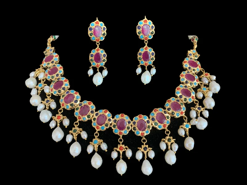 Women’s Chain Necklace-Pranila navratan hyderabadi necklace set  in fresh water pearls ( SHIPS IN 4  WEEKS )