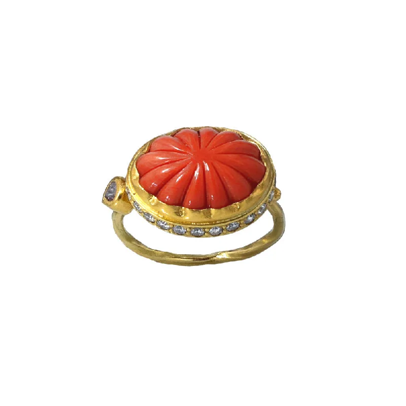 Diamond Ring with Matching Band-Cocktail 18K & 22K Gold Ring w. Diamonds & Coral