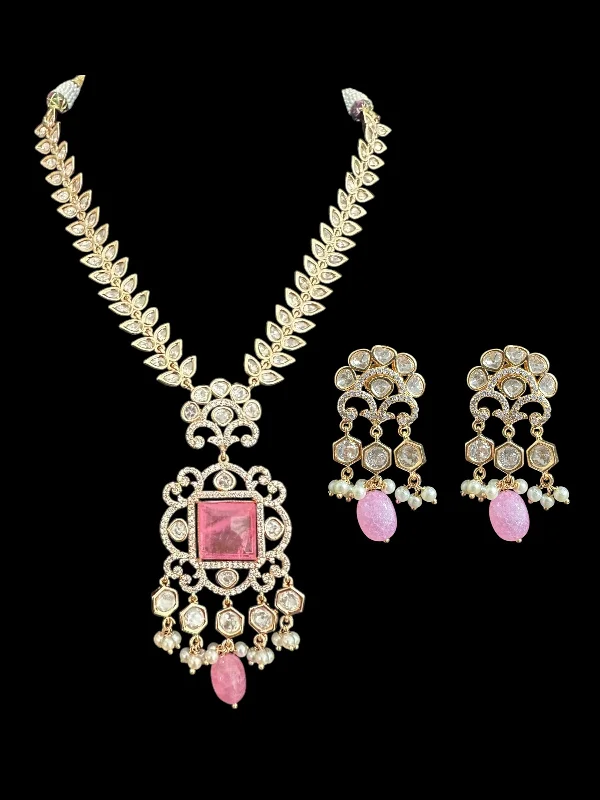 Simple Chain Necklace for Women-DNS173  Polki necklace set with pearls - PINK ( READY TO SHIP )