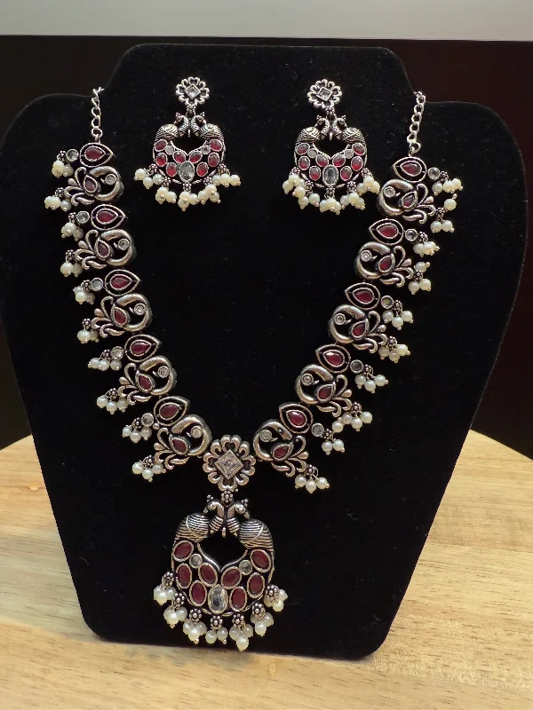 Vintage Chain Necklace-Mesmerizing Maroon Color Peacock Design Oxidized Jewelry With Earrings