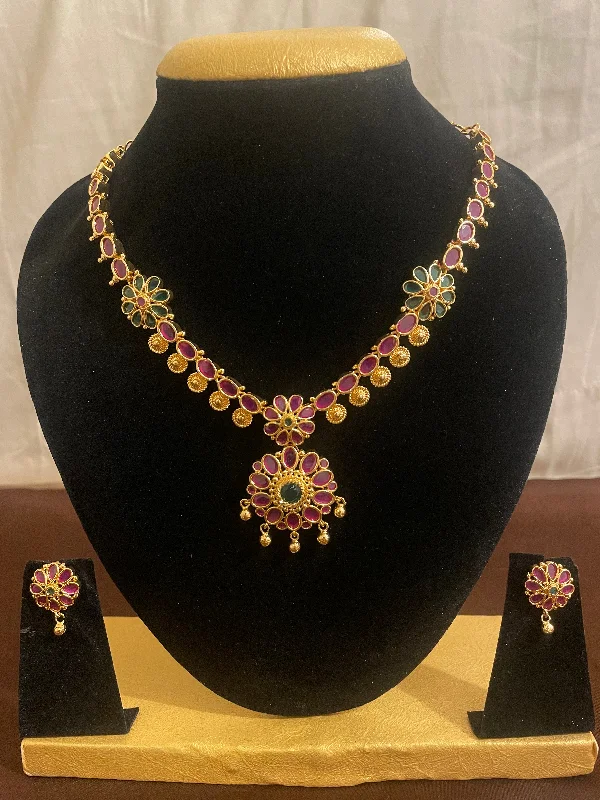 Beaded Necklace for Women-Alluring Gold Plated Pink Stones Necklace Set With Earrings For Women