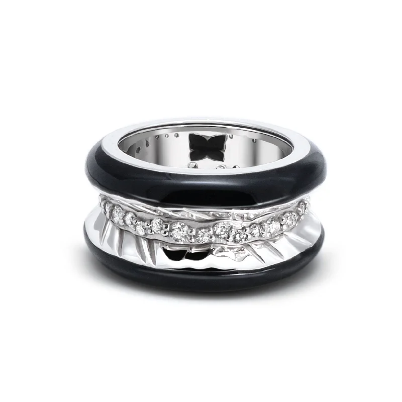 Unique Wedding Rings-Antarctica Ice 18K White Gold Ring w. Lab-Grown Diamonds & Jet Black Enamel