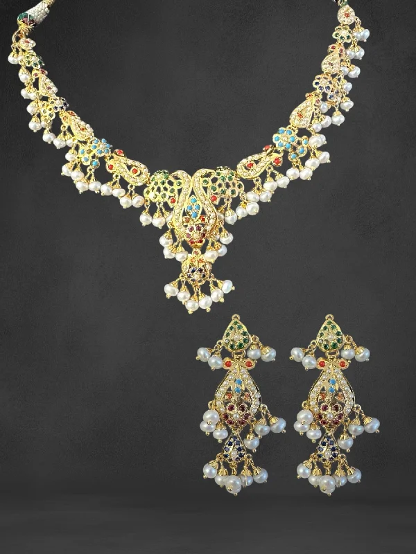 Black Diamond Necklace-Navratan / Multicolored Jadau delicate Necklace Set in Gold Plated Silver ( READY TO SHIP )