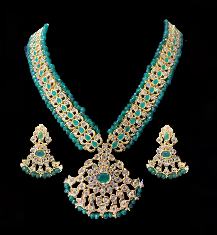 Fashion Necklace for Party-NS111 Ujwala Hyderabadi emerald  necklace set with earrings (READY TO SHIP )