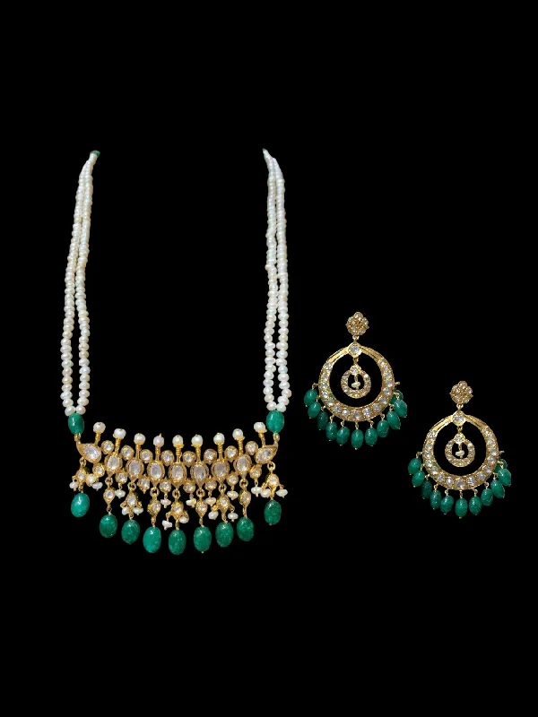 Vintage Beaded Necklace-Moissanite Polki Tirmani Necklace Set with Natural Emerald Beads, Freshwater Pearls, and 22K Gold Plating – Includes Earrings
 ( SHIPS IN 4 WEEKS )