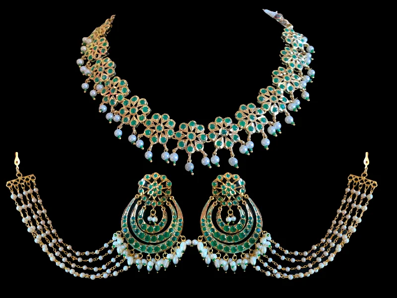 Personalized Pearl Necklace-NS373 Malavika necklace set in green     ( SHIPS IN 4 WEEKS)