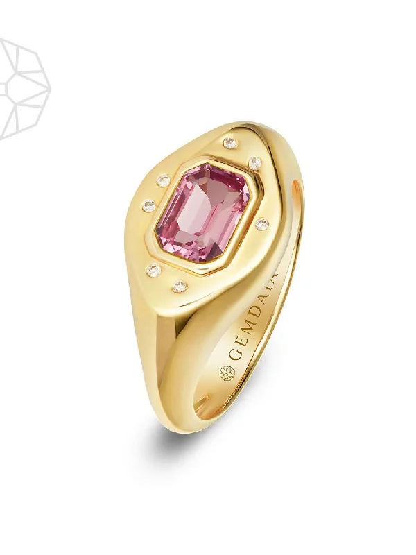 Gold Ring with Diamonds-Pink Sapphire 14K Gold Signet Ring