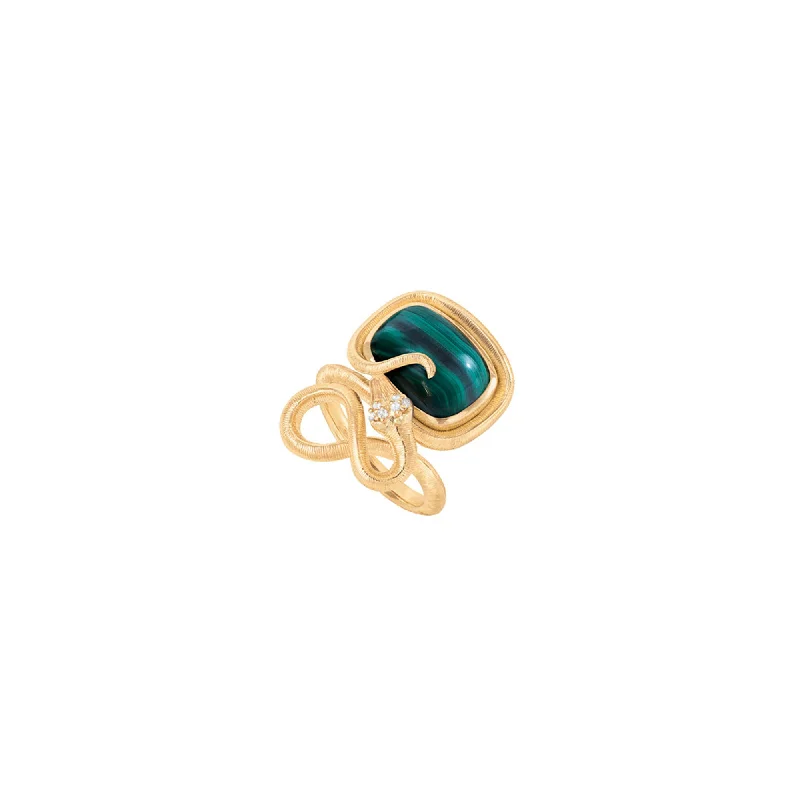 Stackable Rings for Women-Snakes Petite 18K Gold Ring w. Diamonds & Malachite