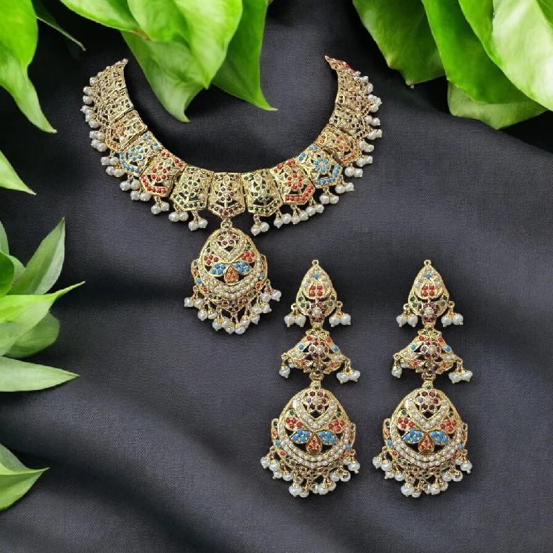 Diamond Pendant Necklace-Navratan / Multicolored Jadau Necklace Set in Gold Plated Silver ( READY TO SHIP )