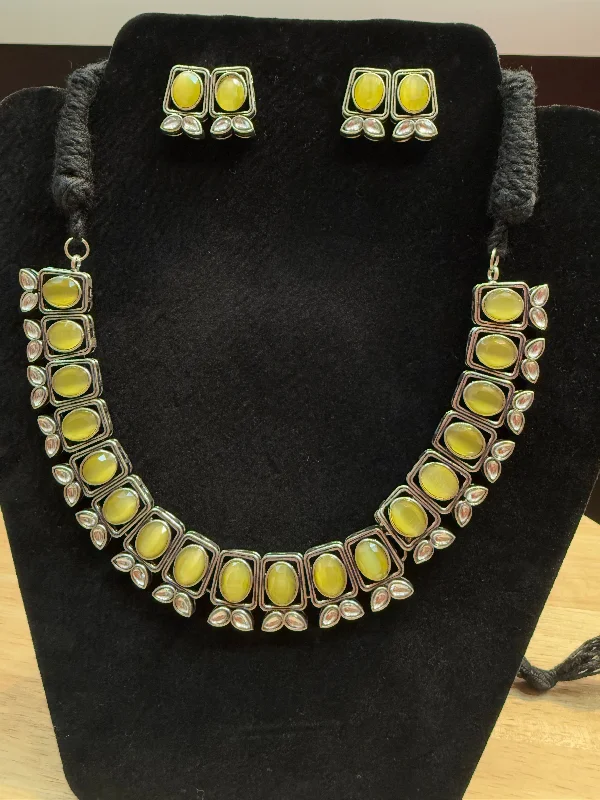 Crystal Pendant Necklace-Beautiful Yellow Color With Silver Stone Fancy Oxidized Necklace With Earrings