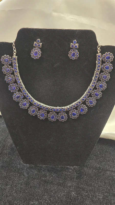 Fashionable Pendant Necklace-Marvellous Blue Color Necklace With Earrings Set