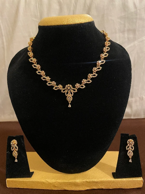 Large Silver Pendant Necklace-Stunning Gold Plated With White Stones Necklace Set And Earrings For Women