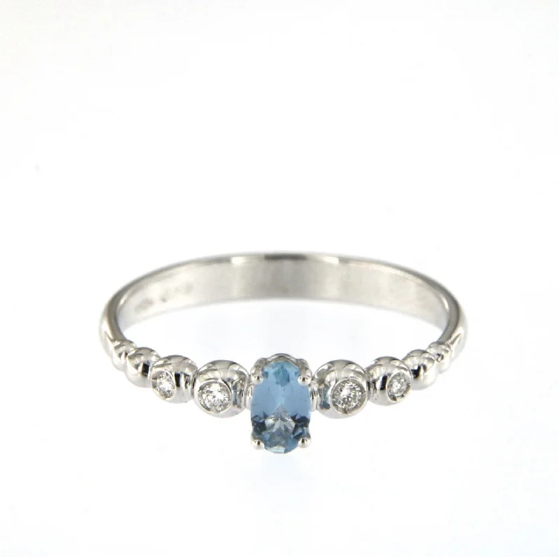 Silver Wedding Band with Diamonds-Bubble 18K White Gold Ring w. Diamonds & Aquamarine