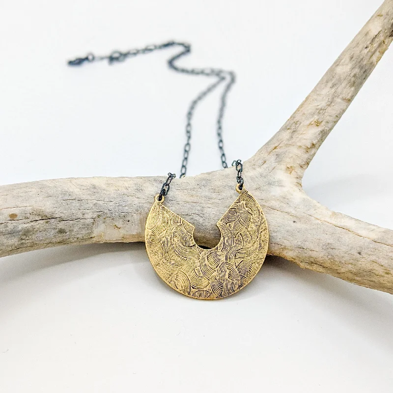 Fashionable Pendant Necklace-Half Circle Necklace - Brass and Dark Silver Mixed Metal Geometric Necklace