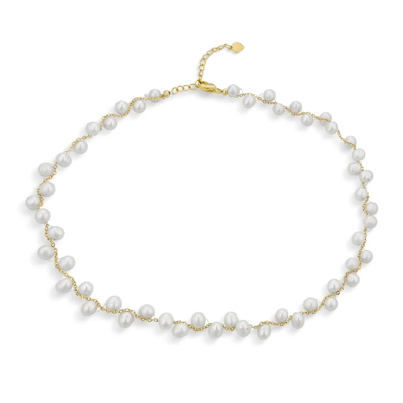 Long Necklace for Party-Delicate Bridal Necklace with Cultured White Baroque Pearls 18K Gold Plated Choker