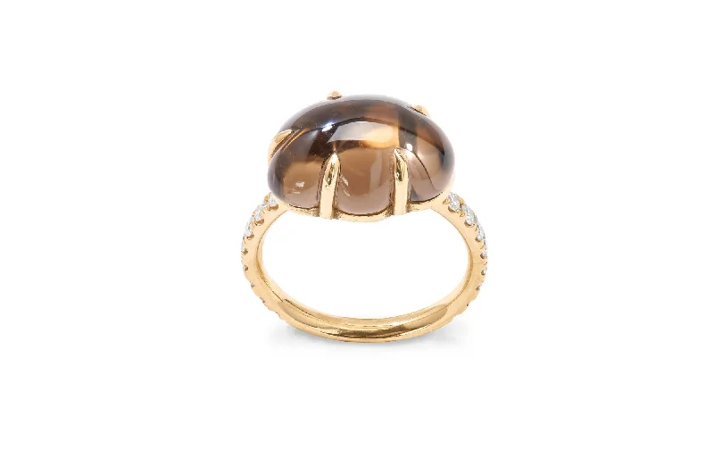 Oval Cut Diamond Ring-Cloud Pavé 18K Gold Ring w. Smokey Quartz & Diamonds