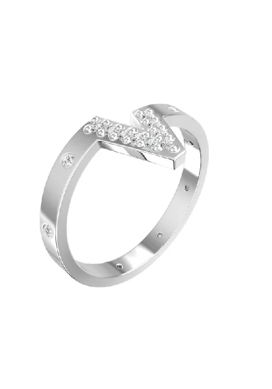 Sterling Silver Ring for Women-V Pave 18K Whitegold Ring w. Lab-Grown Diamonds