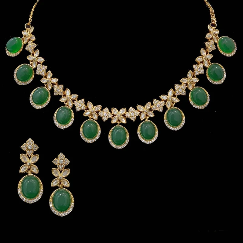 Blue Gem Necklace-NS345  Gold plated high quality cz polki necklace with earrings - Green ( READY TO SHIP)