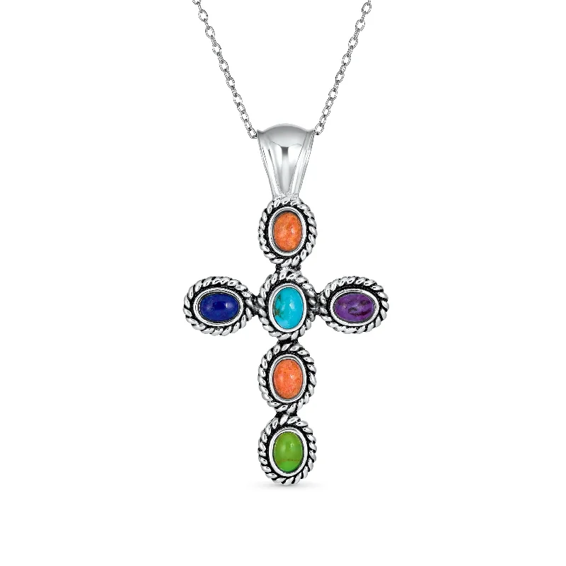 Custom Pendant Necklace-Southwestern Turquoise Cross Pendant Necklace in Sterling Silver Multiple Colors