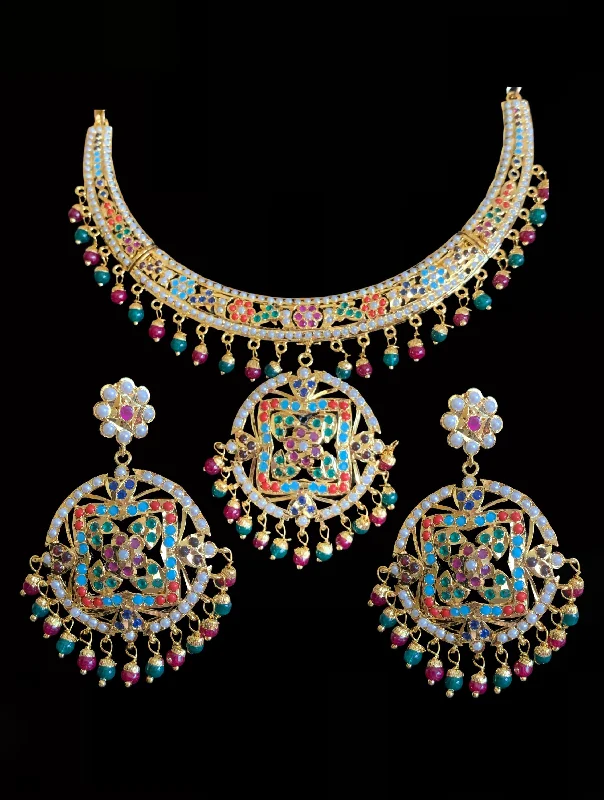 Retro Gold Necklace-NS184 Ruchika  necklace set in navratan ( READY TO SHIP )