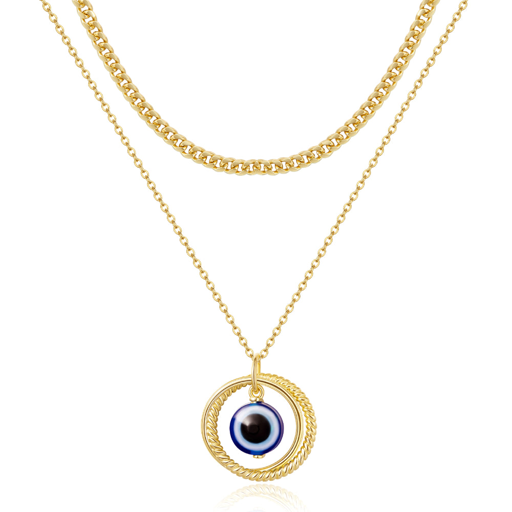 Silver Necklace with Stones-Dainty 14K Gold Layered Evil Eye Religious Necklace- Ring Blue Eye