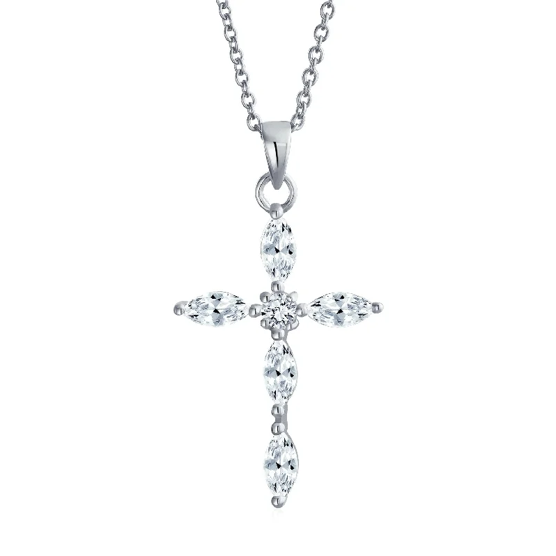 Vintage Gold Necklace-Bridal Necklace Marquise Cubic Zirconia Cross Pendant in Sterling Silver