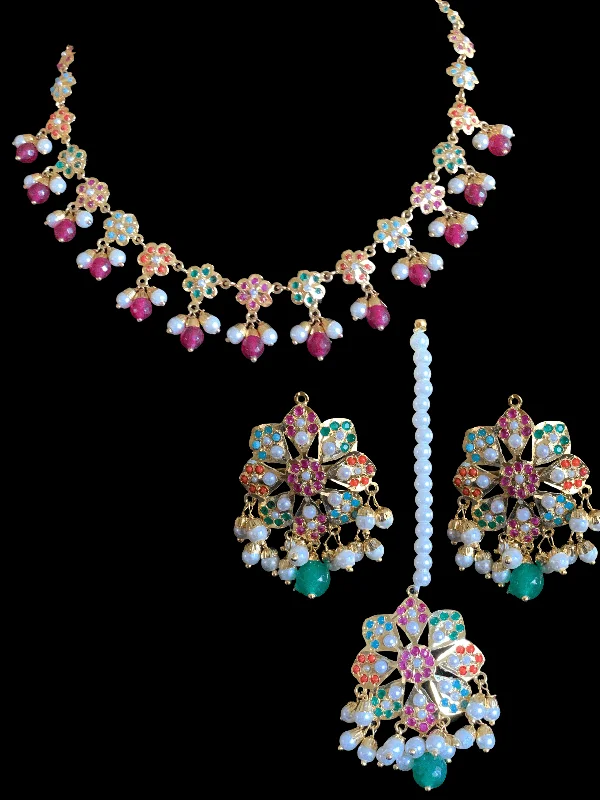 Silver Chain with Gemstones-NS328 Alea punjabi Jadau necklace  set - navratan    (SHIPS IN 4 WEEKS )